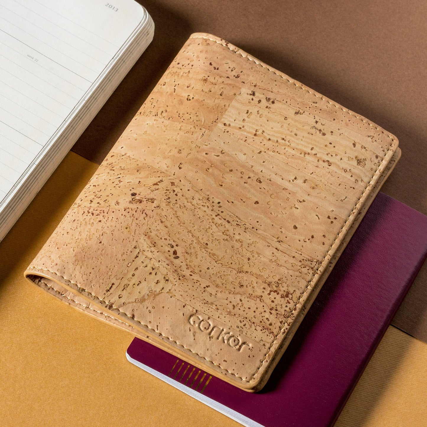 Passport Wallet RFID Protection Cork vegan leather brown