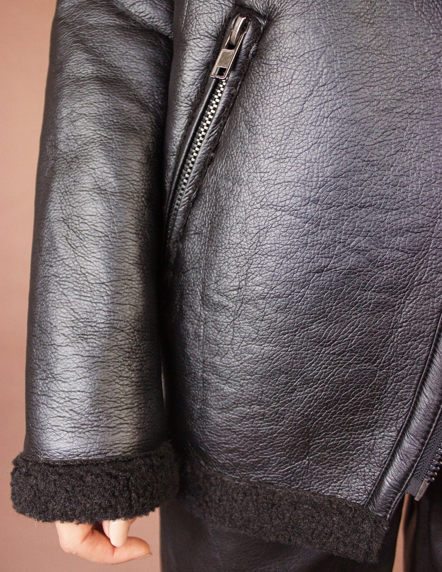 black vegan leather wool women jacket