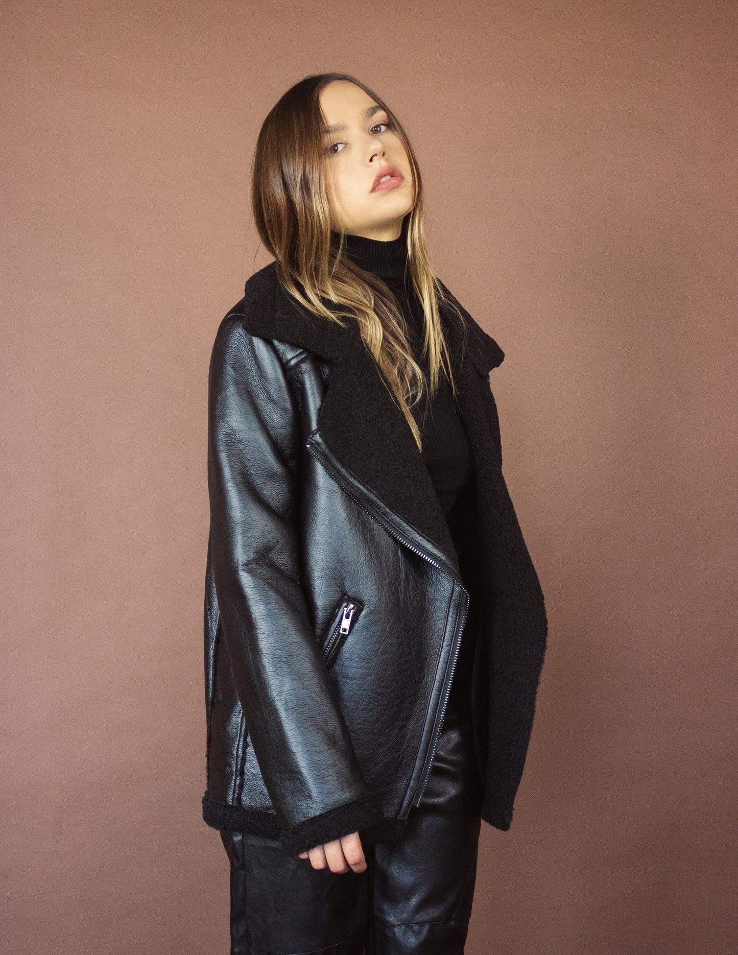 black vegan leather wool women jacket