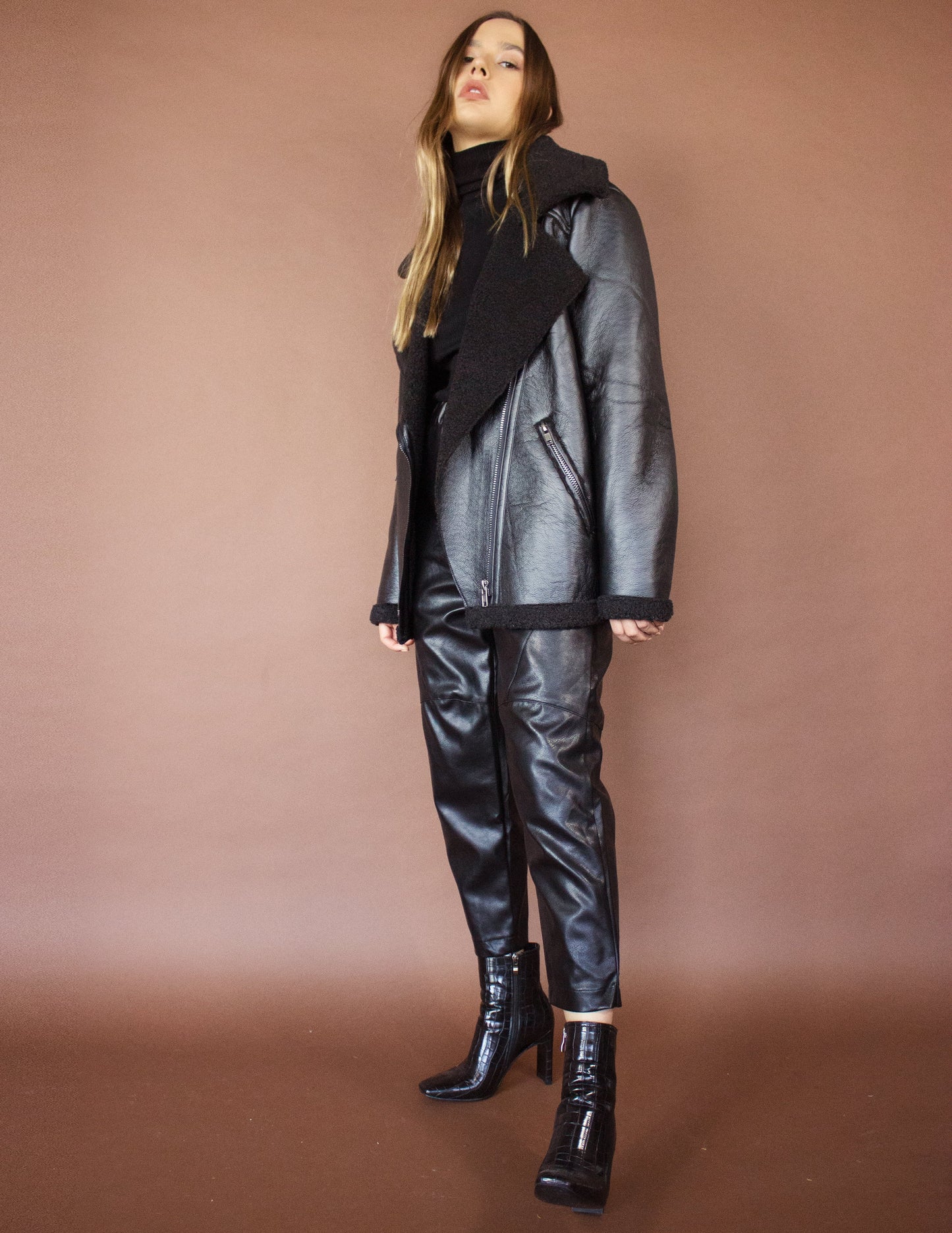 black vegan leather wool women jacket