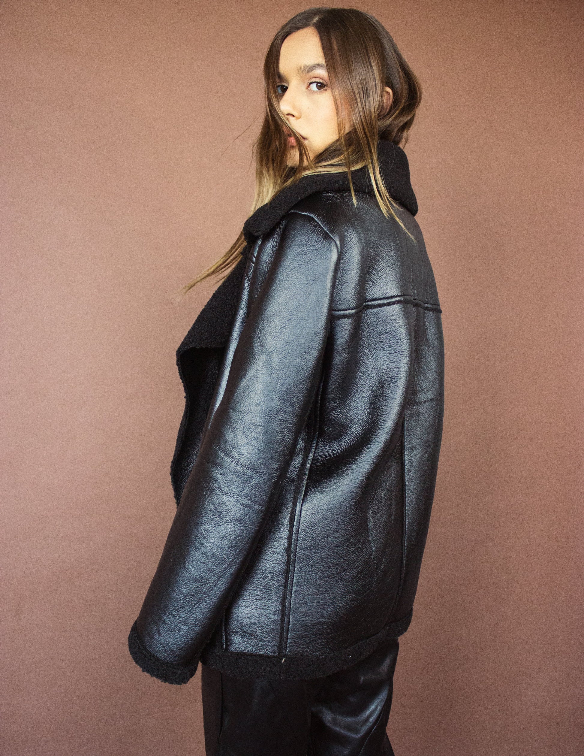 black vegan leather wool women jacket