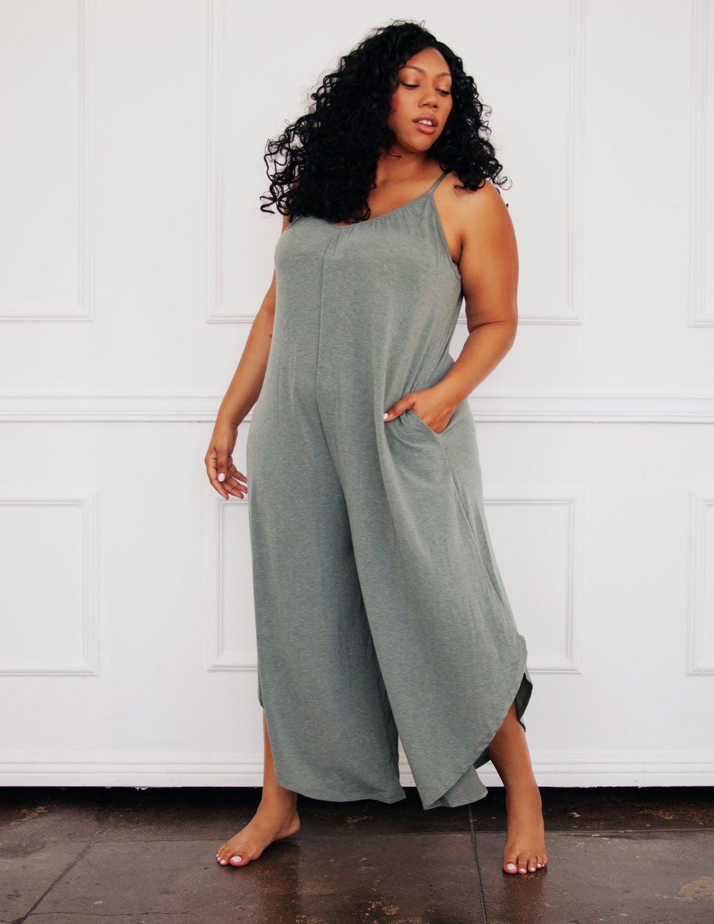 olive grey vegan jumpsuit