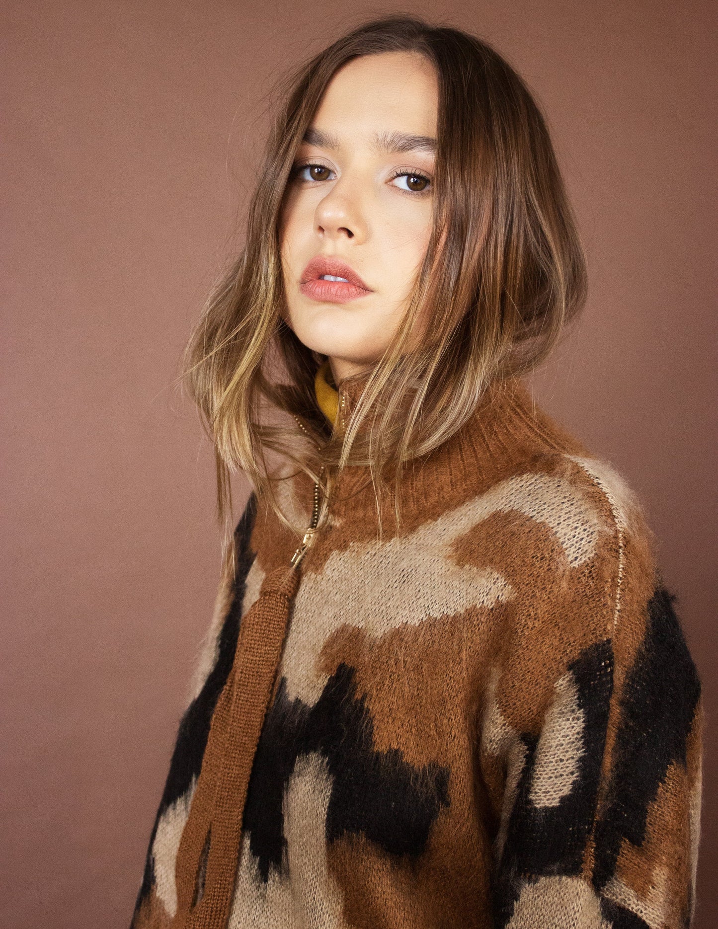 military print vegan wool jacket brown