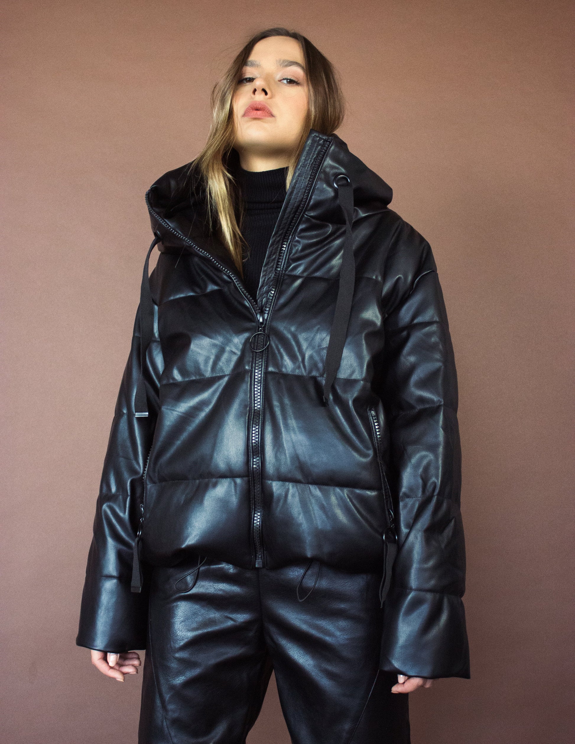 Vegan leather coat black oversized
