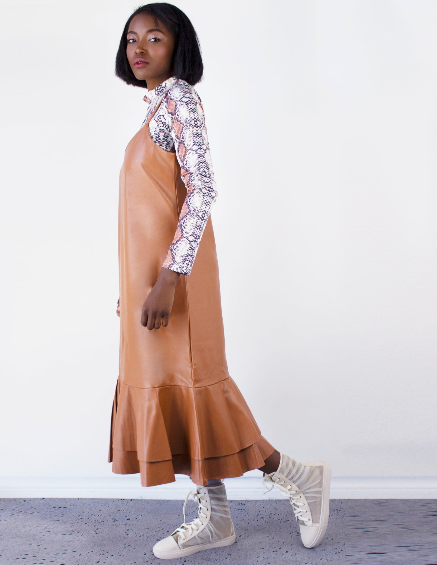 vegan leather brown dress
