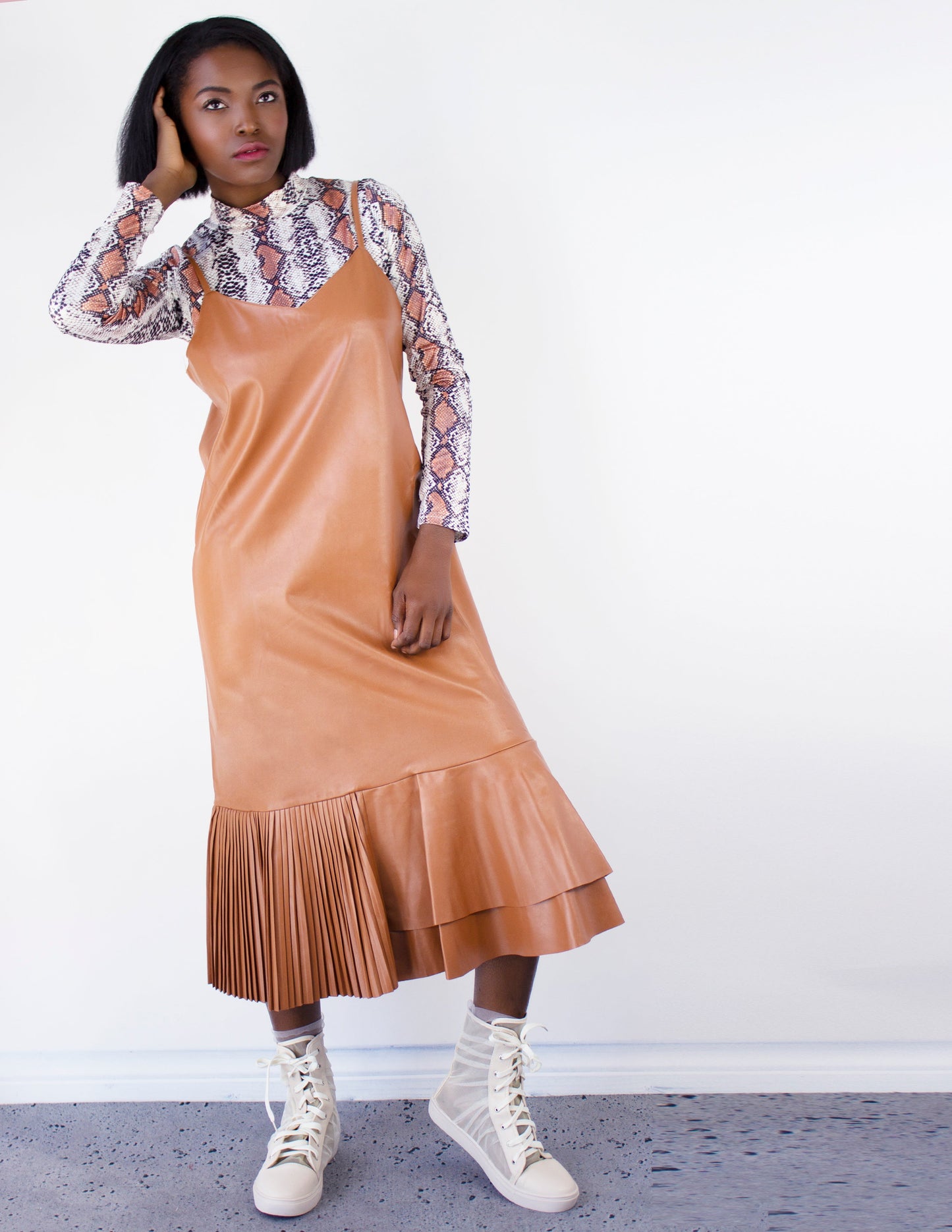 vegan leather brown dress