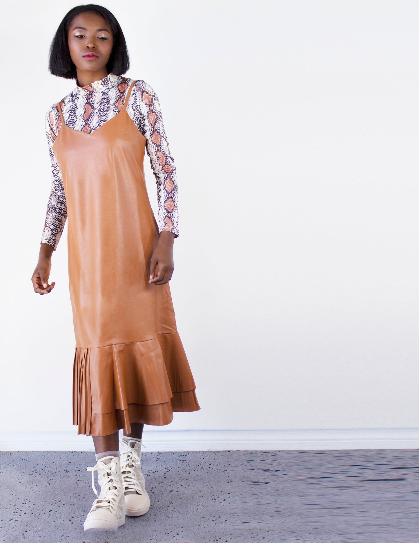 vegan leather brown dress