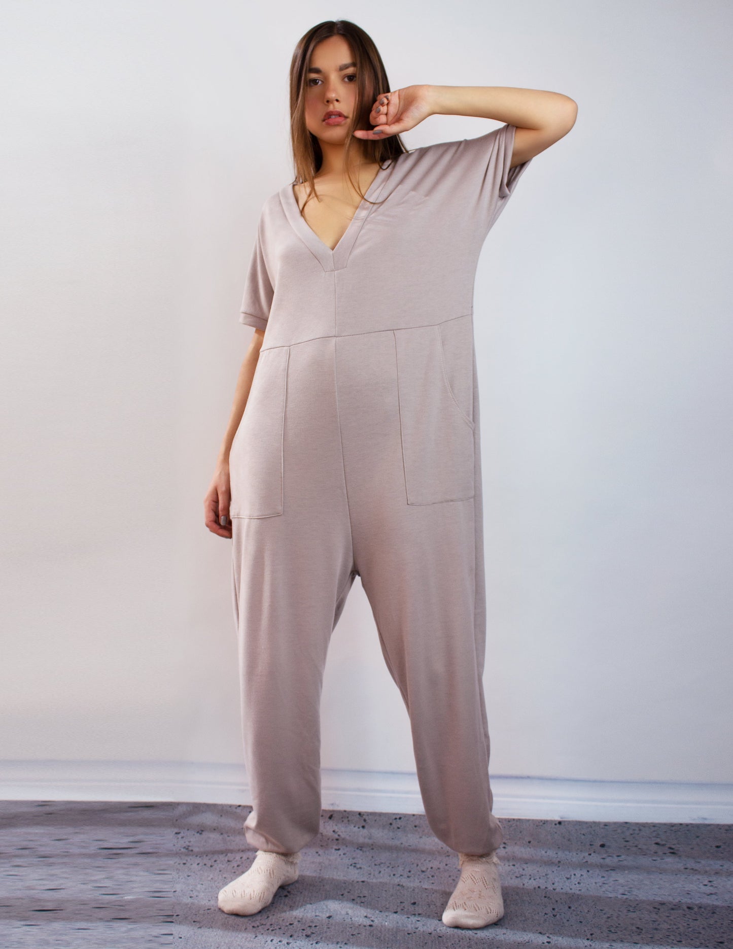 grey jumpsuit