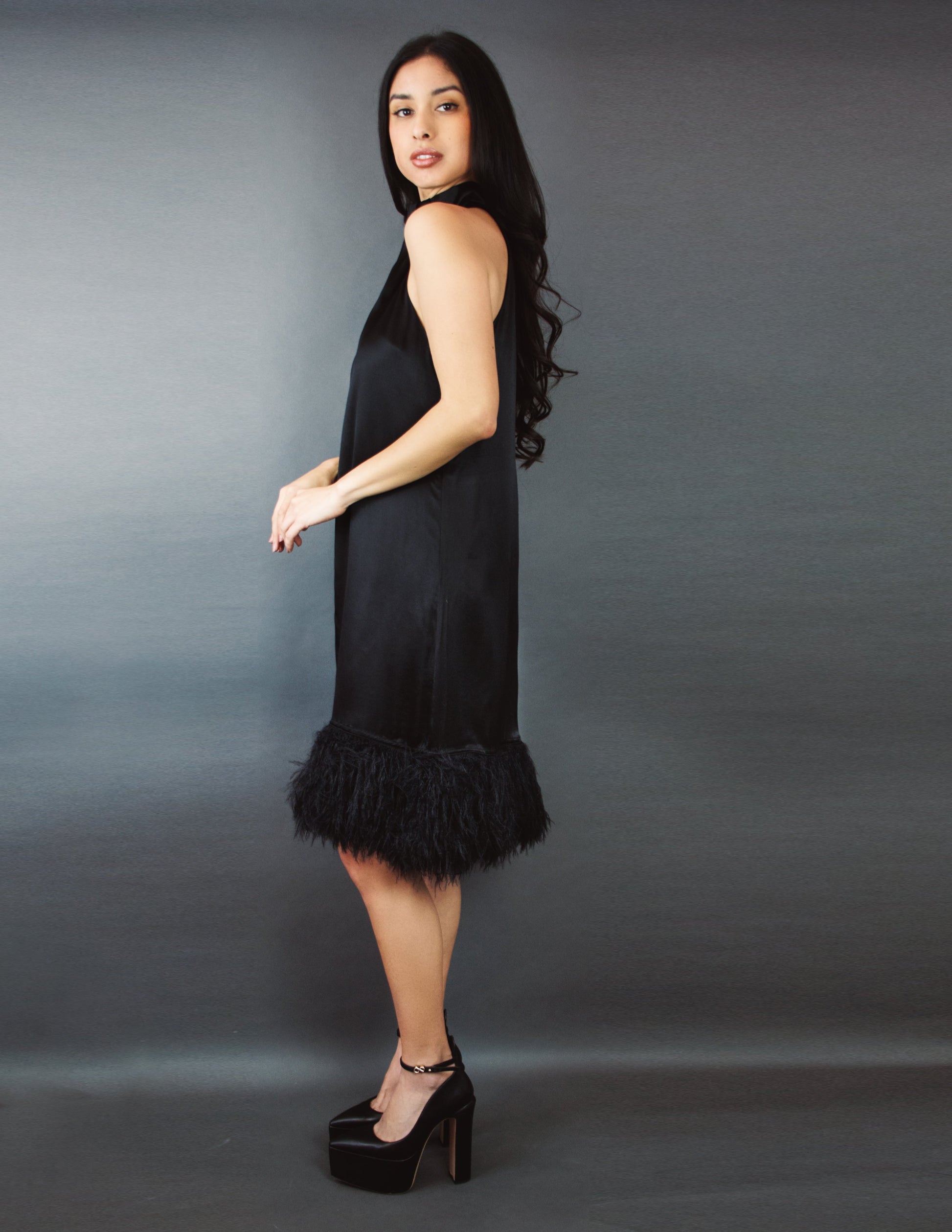 black dress with ostrich feathers Dolce & Gabbana Long Silk Chiffon Dress With Ostrich Feather Details