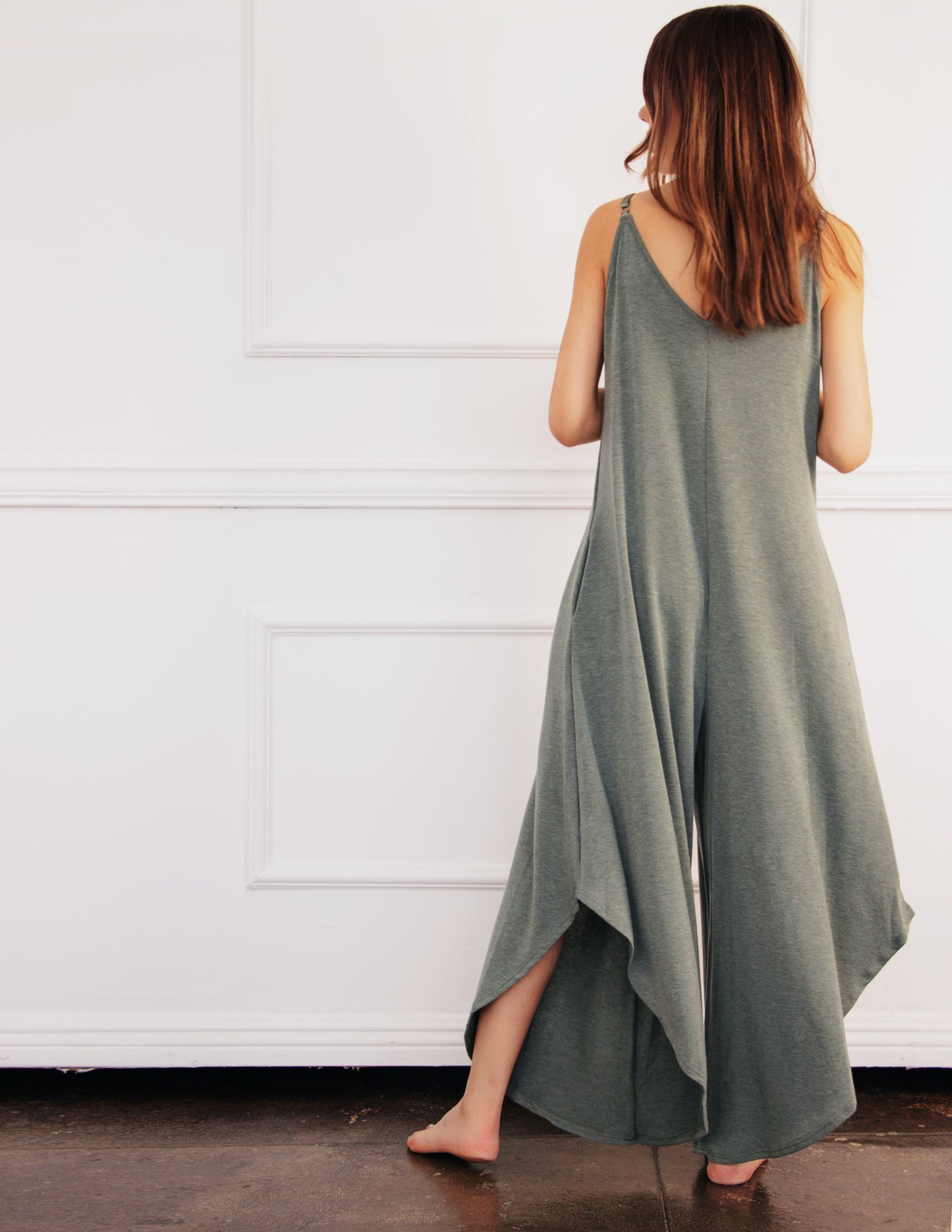 olive grey vegan jumpsuit