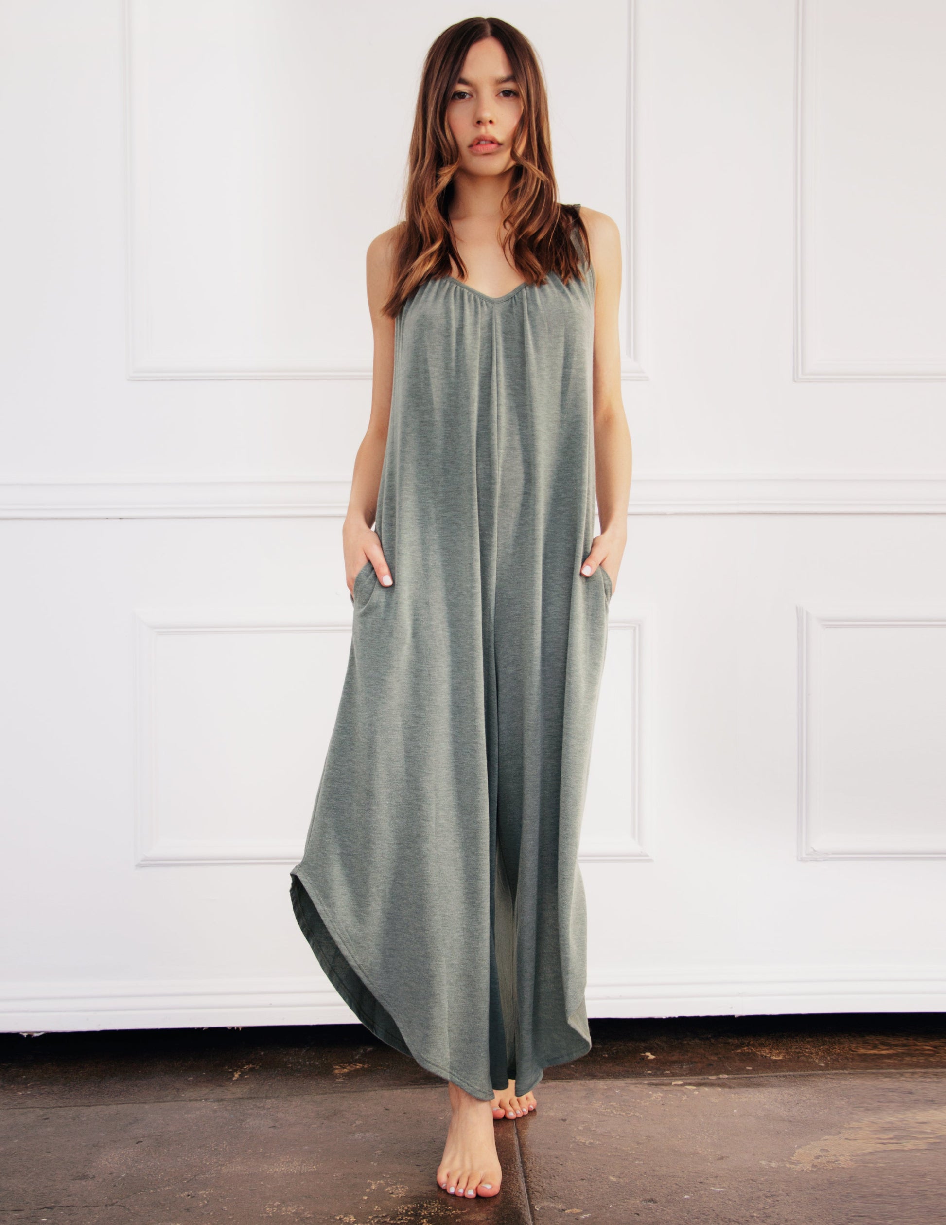 olive grey vegan jumpsuit