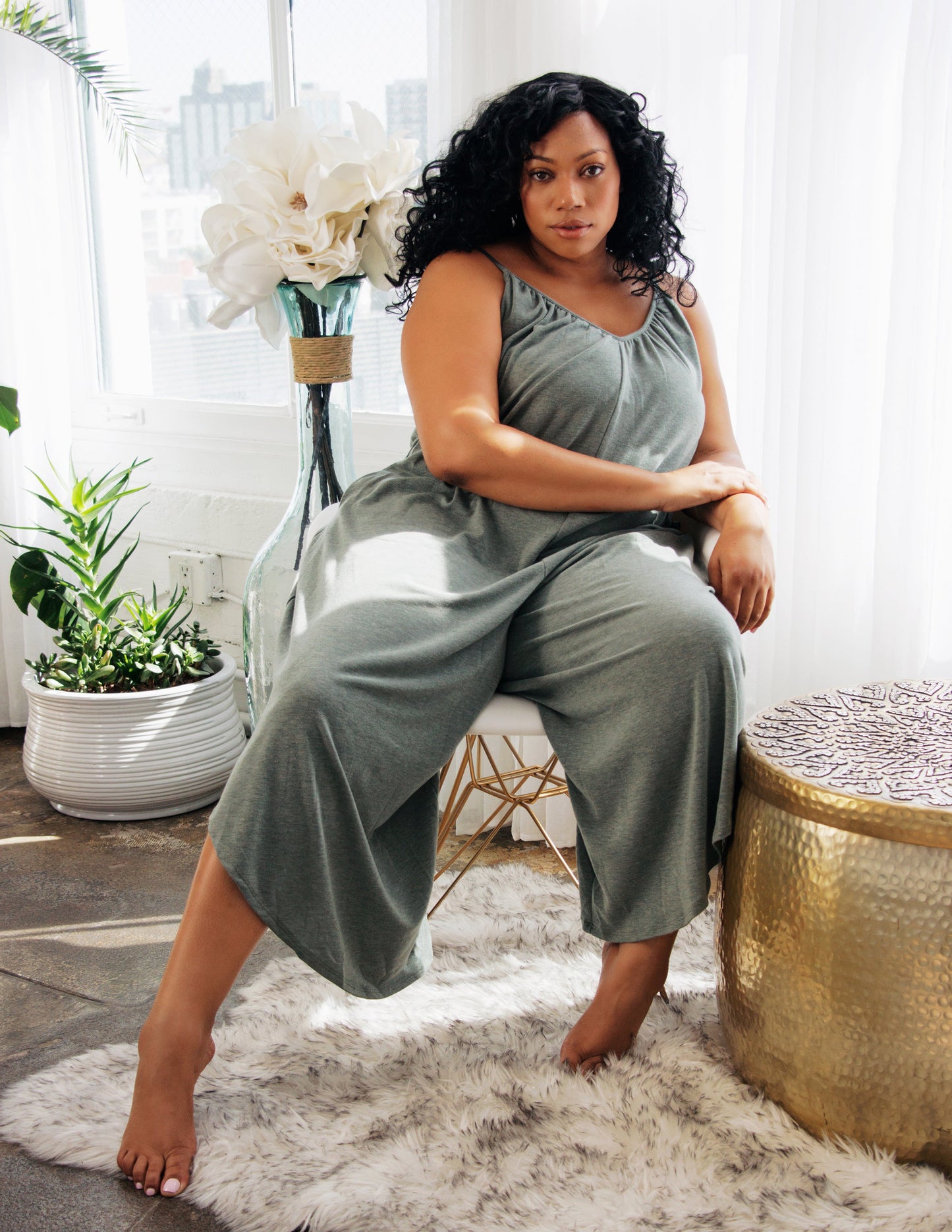 olive grey vegan jumpsuit