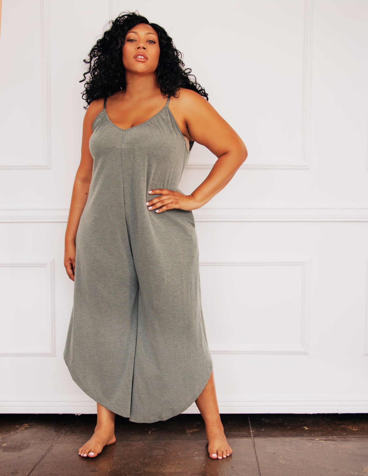 olive grey vegan jumpsuit