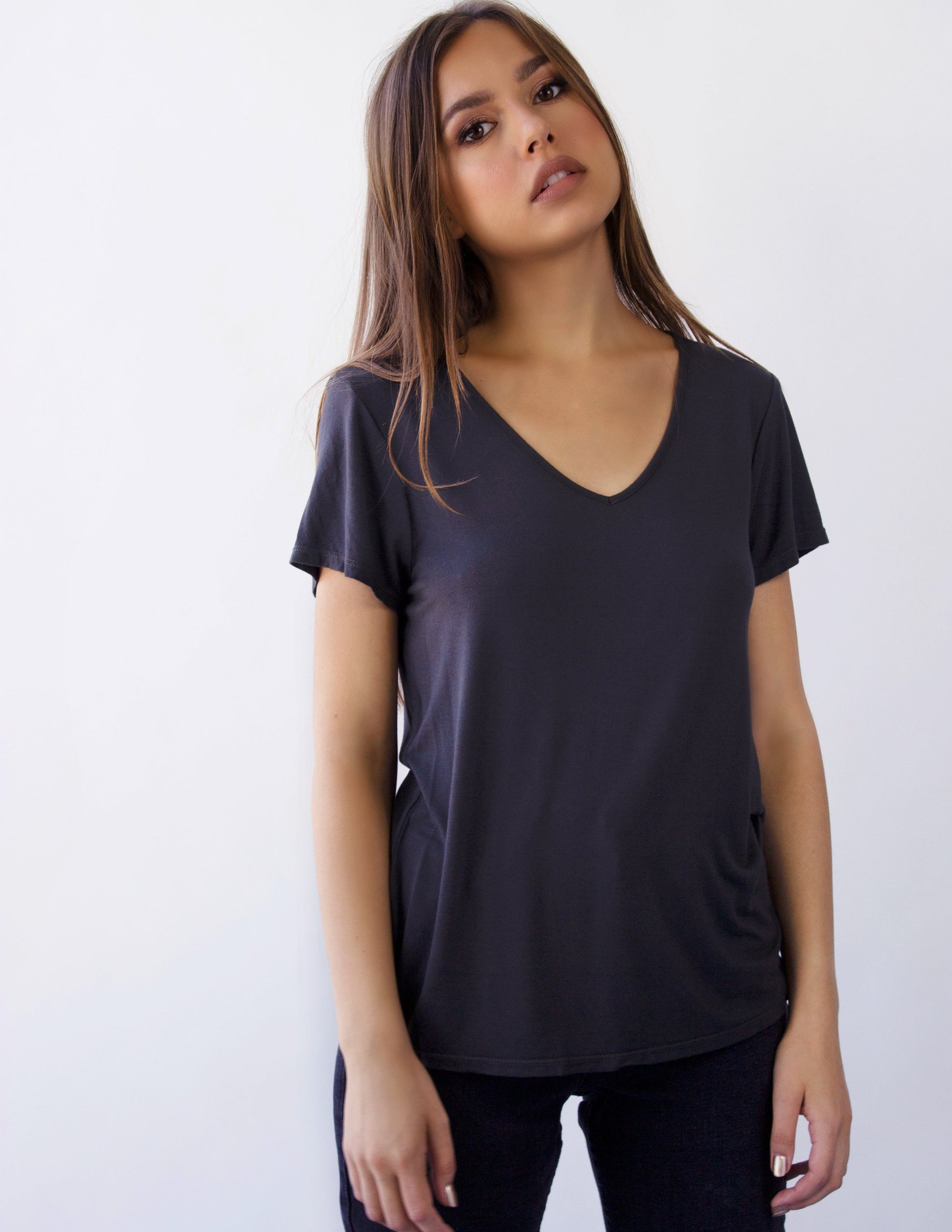 v neck women vegan dark grey