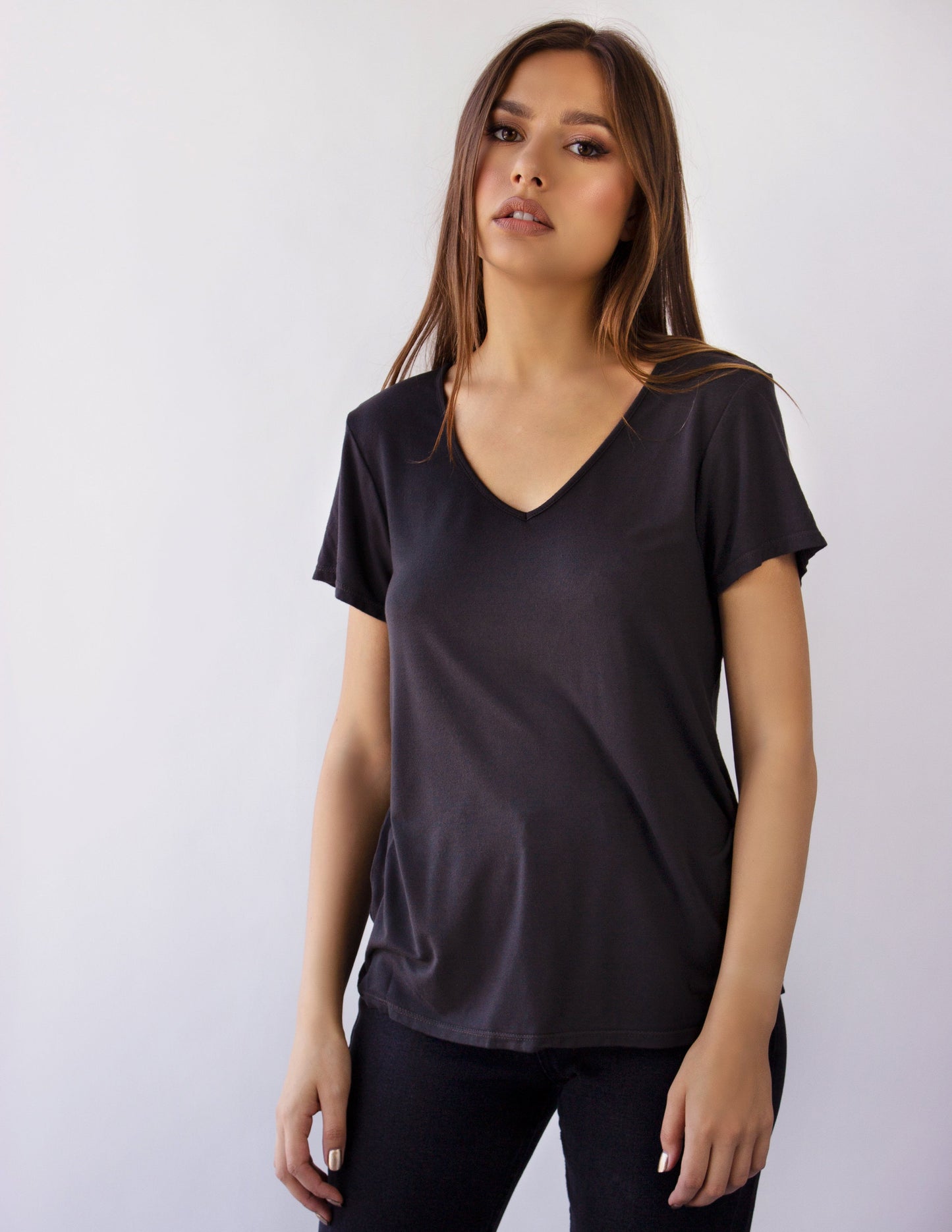 v neck women vegan dark grey