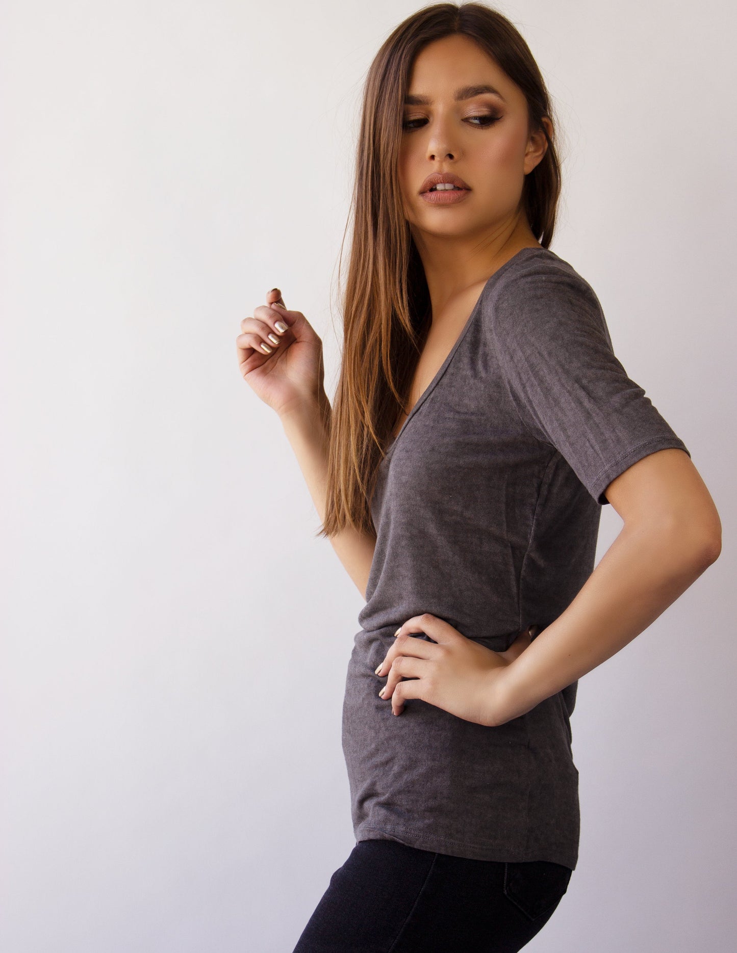 v neck grey vegan shirt