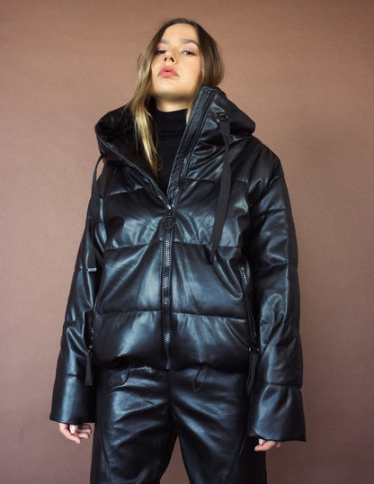 Vegan leather coat black oversized