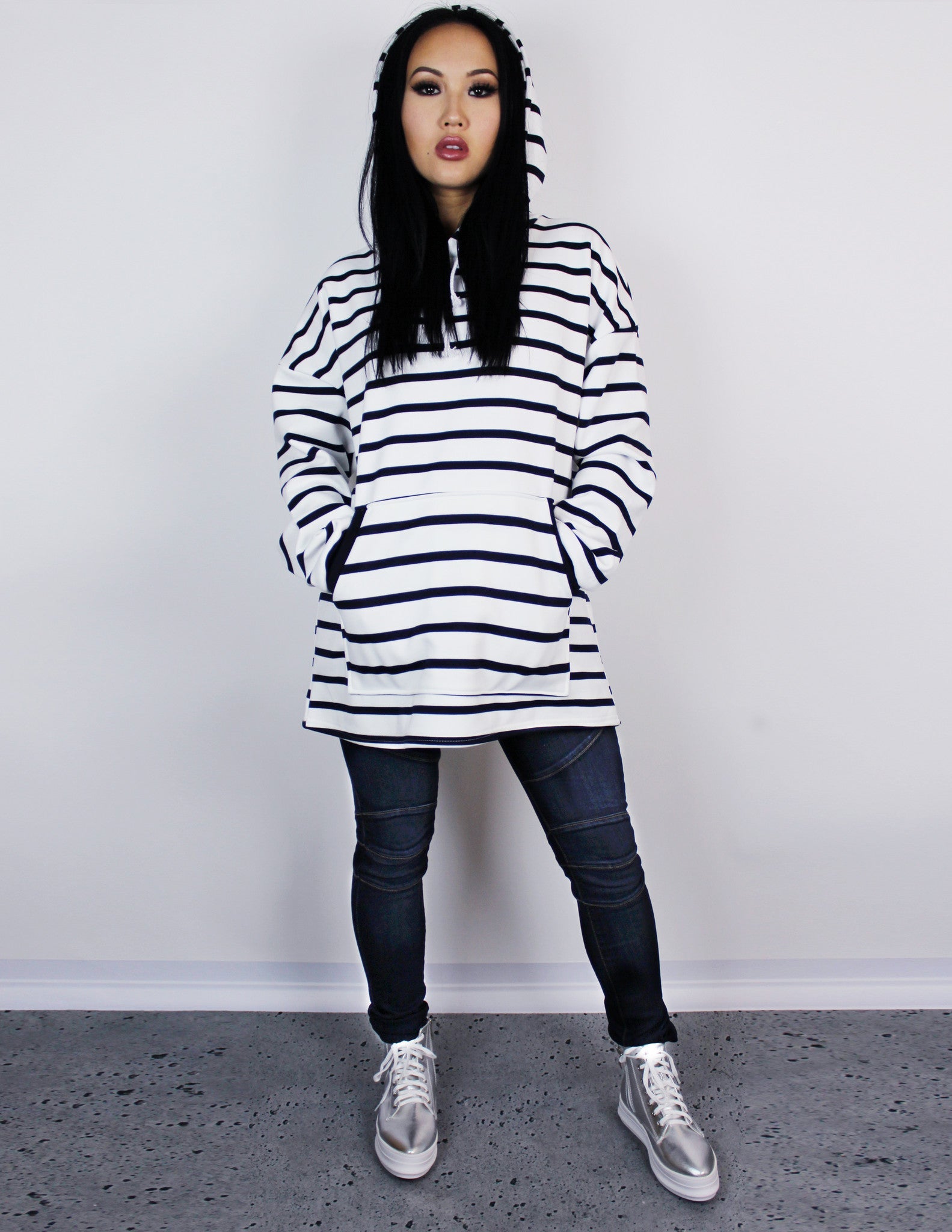 black stripe white oversized hoodie vegan cotton