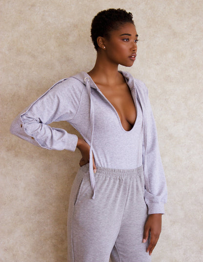 grey vegan hoodie bodysuit