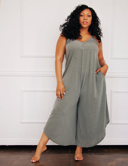 olive grey vegan jumpsuit